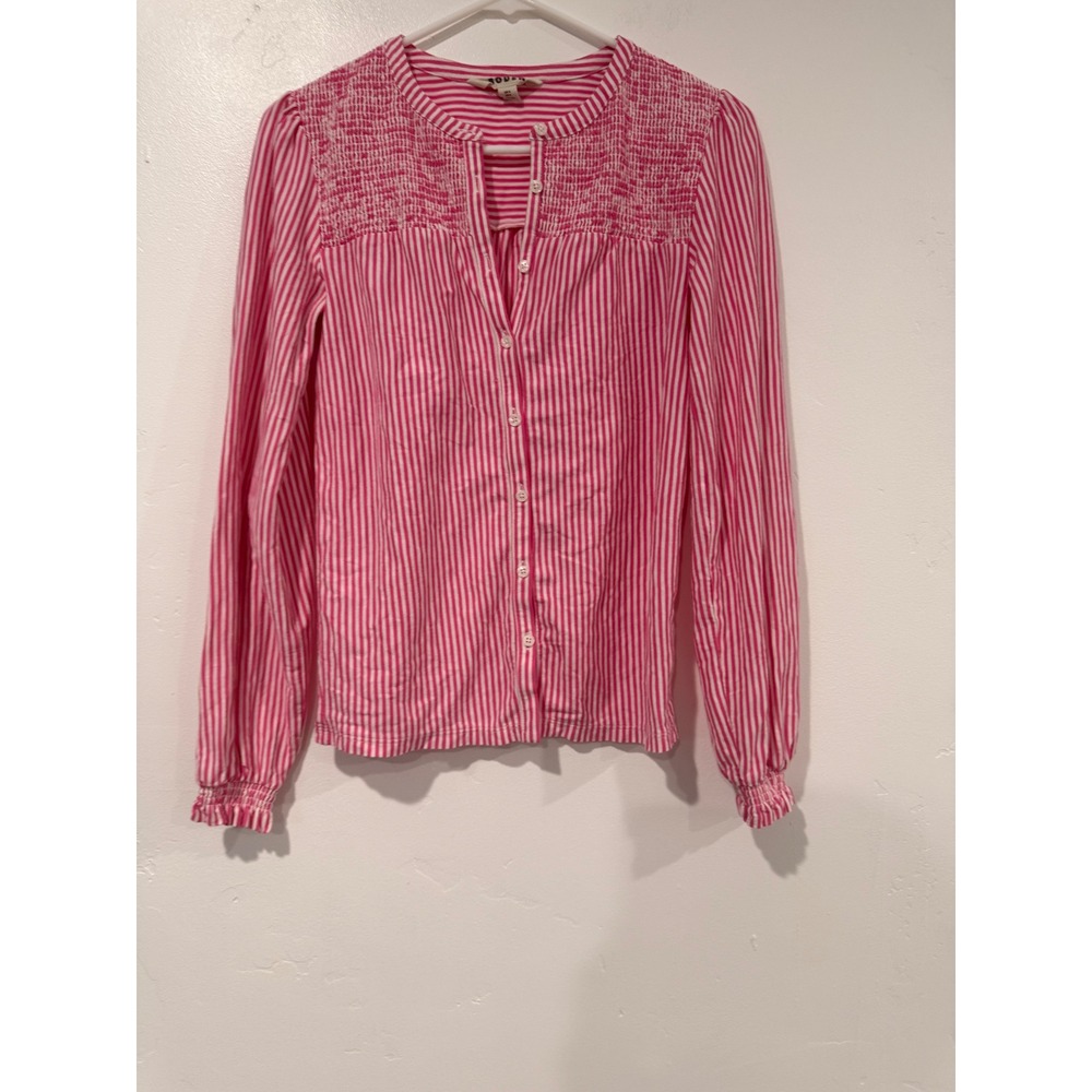 Boden Pink White Striped Smocked Shoulder Button Down Blouse Top US 2